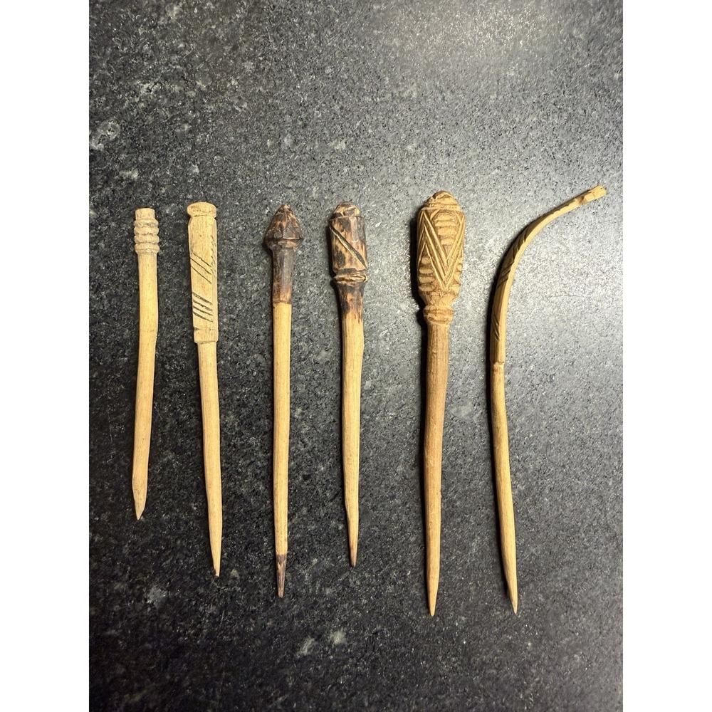 Vtg Hand Carved Wooden Hair Stick & Textile Bobbin Pin Lot 6pc Folk Art 3"-5"